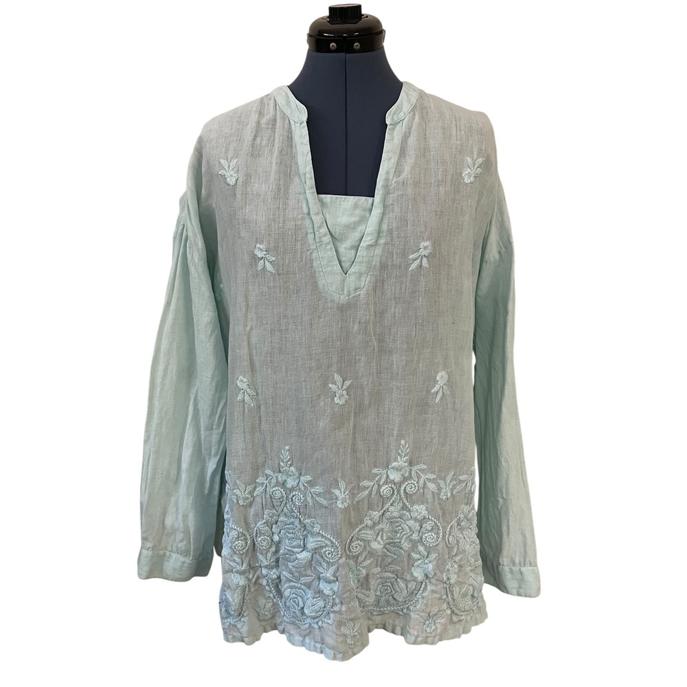 Coldwater Creek Blue 100% Linen Embroidered Oversized Tunic Top Beach Boho M